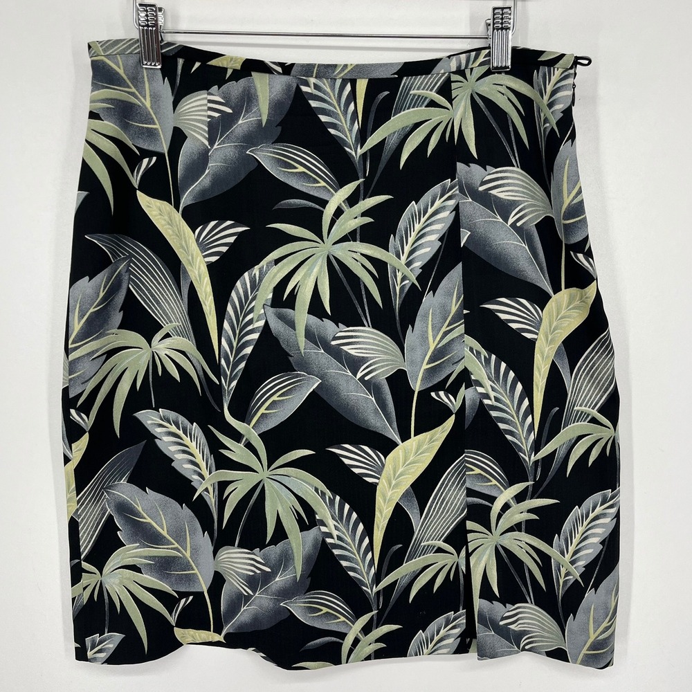 Tommy Bahama Womens Silk Tropical Palm Leaf Print Skirt Black Green Size 12